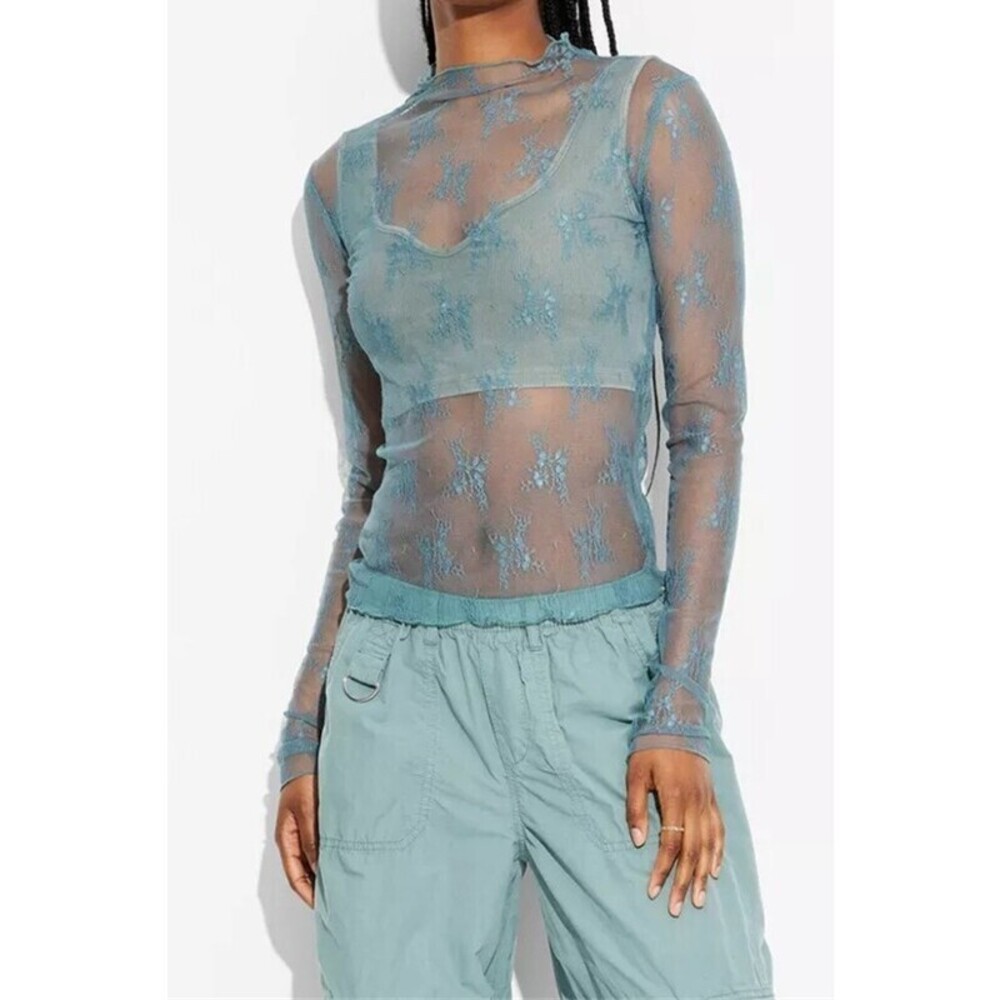 1I1399 B Lace Mesh Sheer Top Blue Various Sizes